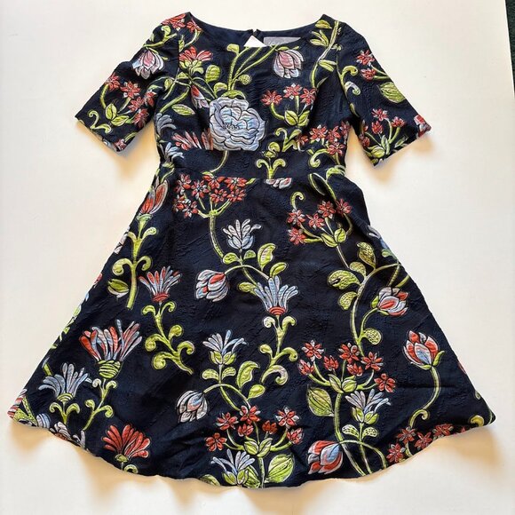 Lela Rose Floral Flare Embroidered Dress Short Sleeve Cocktail Wedding Silk - Picture 1 of 9
